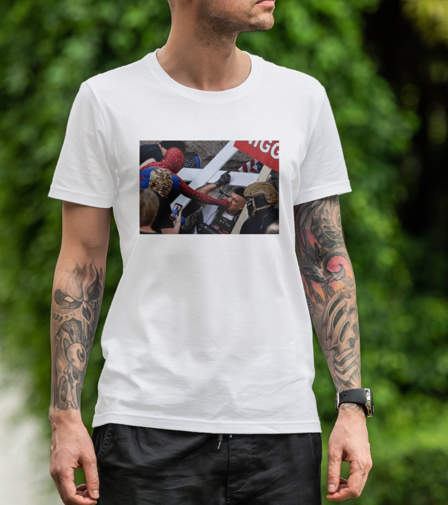 Spiderman Punch A Nazi Protest Scene With Cross And American Flag T-Shirt