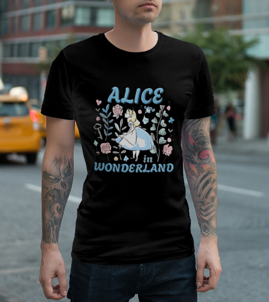 Alice In Wonderland Floral Wonderland With Alice Smelling Flowers T-Shirt