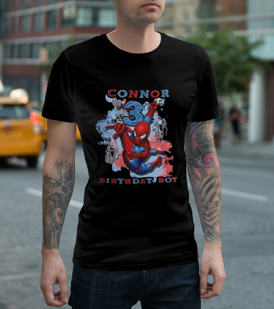 Connor 3 Birthday Boy Spider Man Web Slinging Cartoon T-Shirt