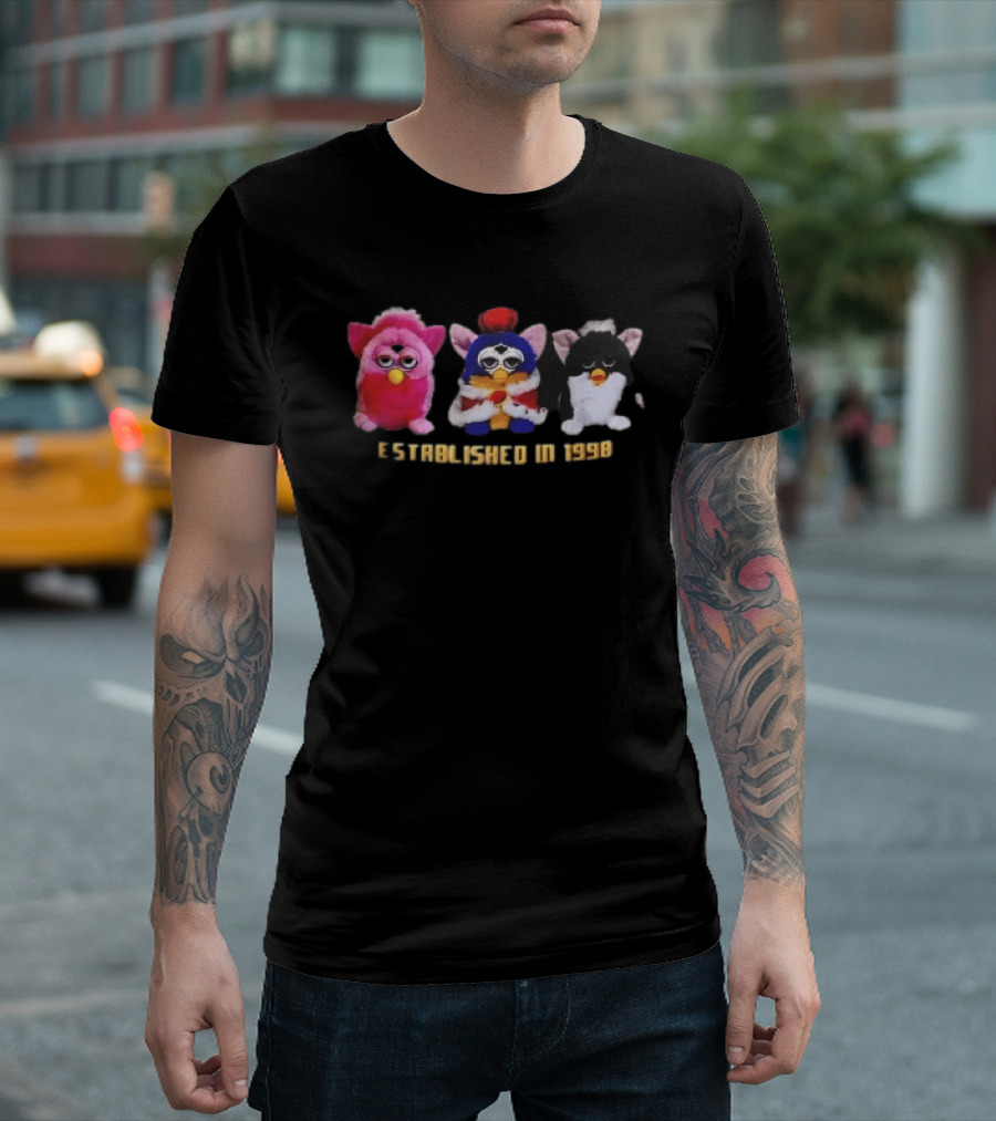 Established In 1998 Three Furby Plush Toys With Crown T-Shirt