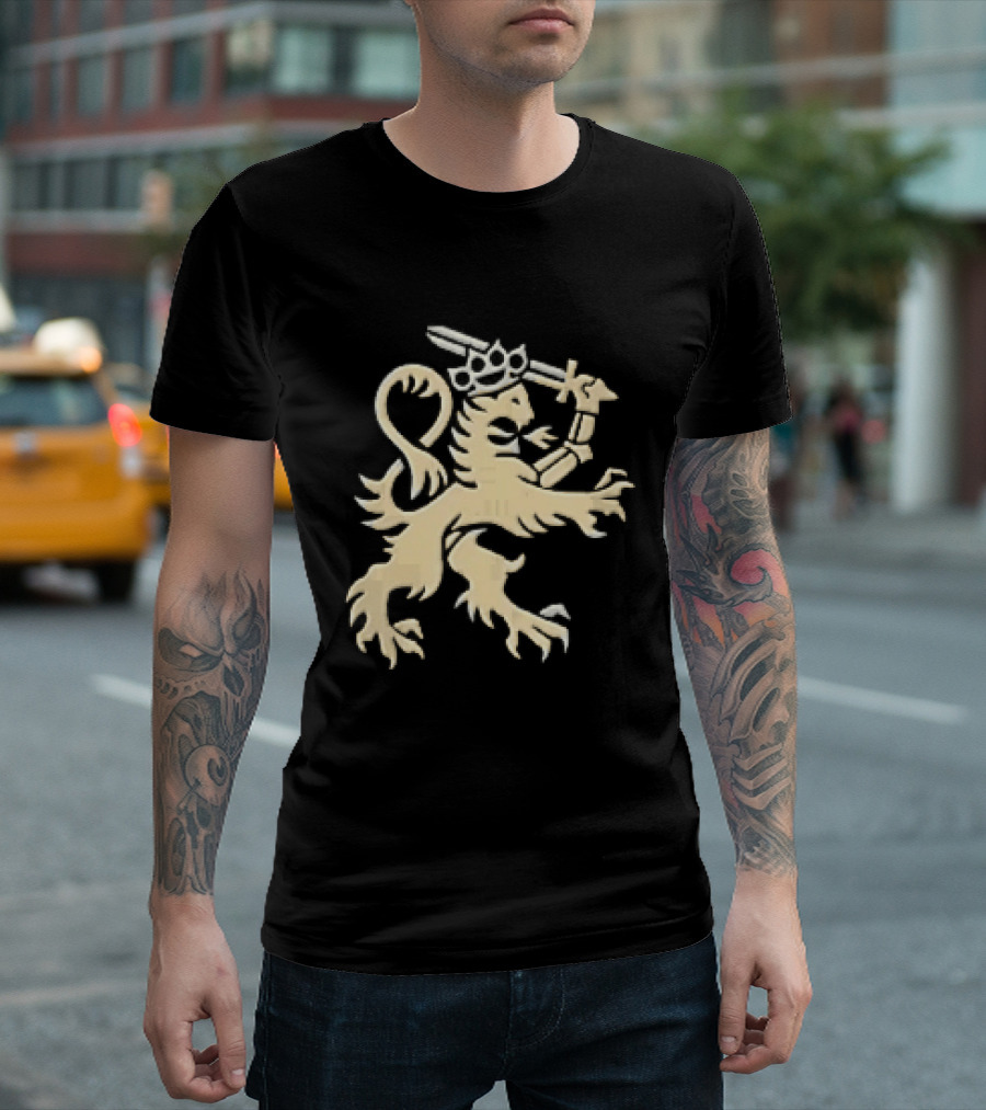 Heraldic Gold Rampant Lion With Crown Sword And Brass Knuckles T-Shirt