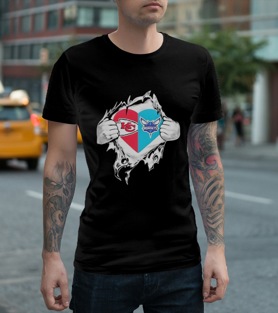 Kansas City Chiefs Charlotte Hornets Heart Hands Ripping Open T-Shirt