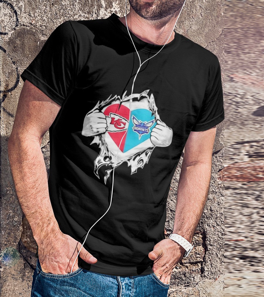 Kansas City Chiefs Charlotte Hornets Heart Hands Ripping Open T-Shirt
