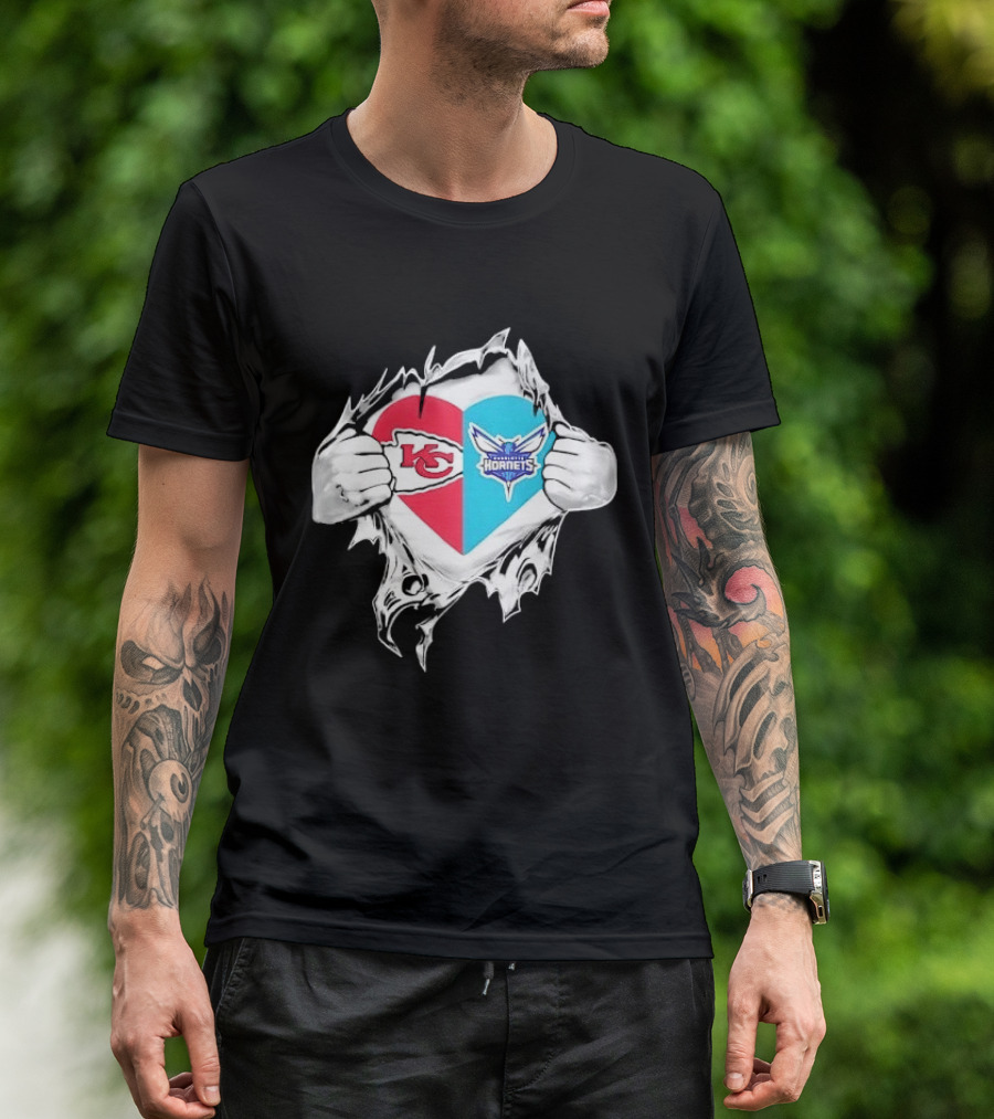 Kansas City Chiefs Charlotte Hornets Heart Hands Ripping Open T-Shirt