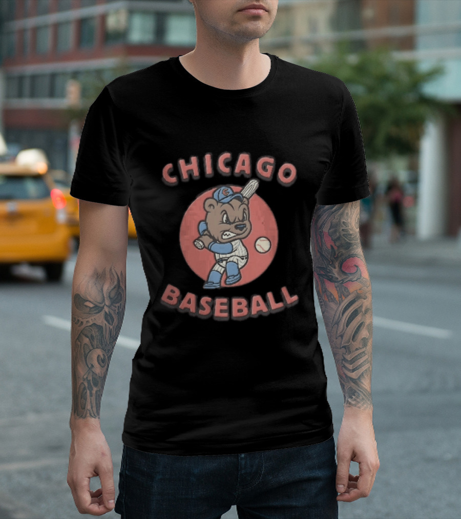 Chicago Cubs Baseball Bear Swinging Bat Cartoon T-Shirt