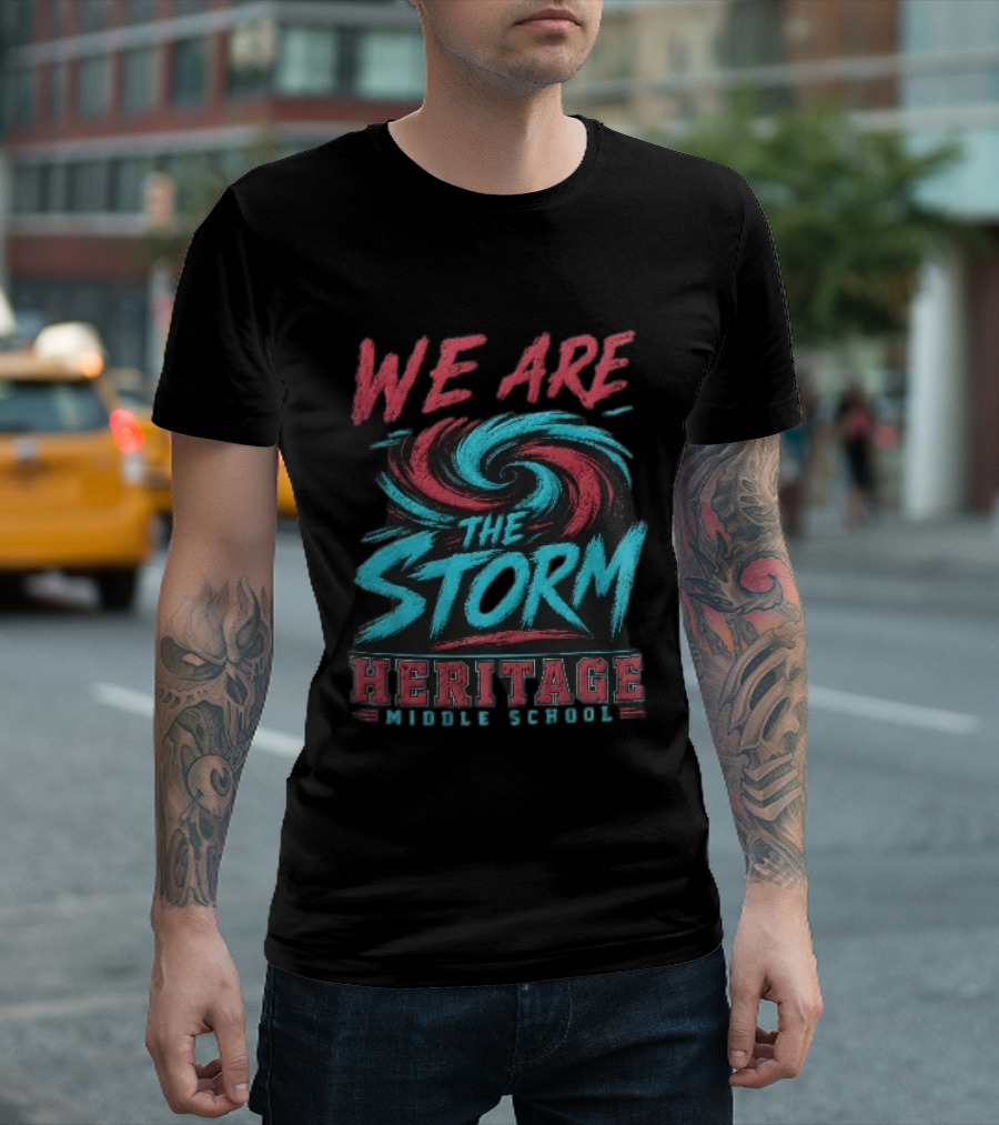 We Are The Storm Heritage Middle School Distressed Red Cyan Vortex T-Shirt