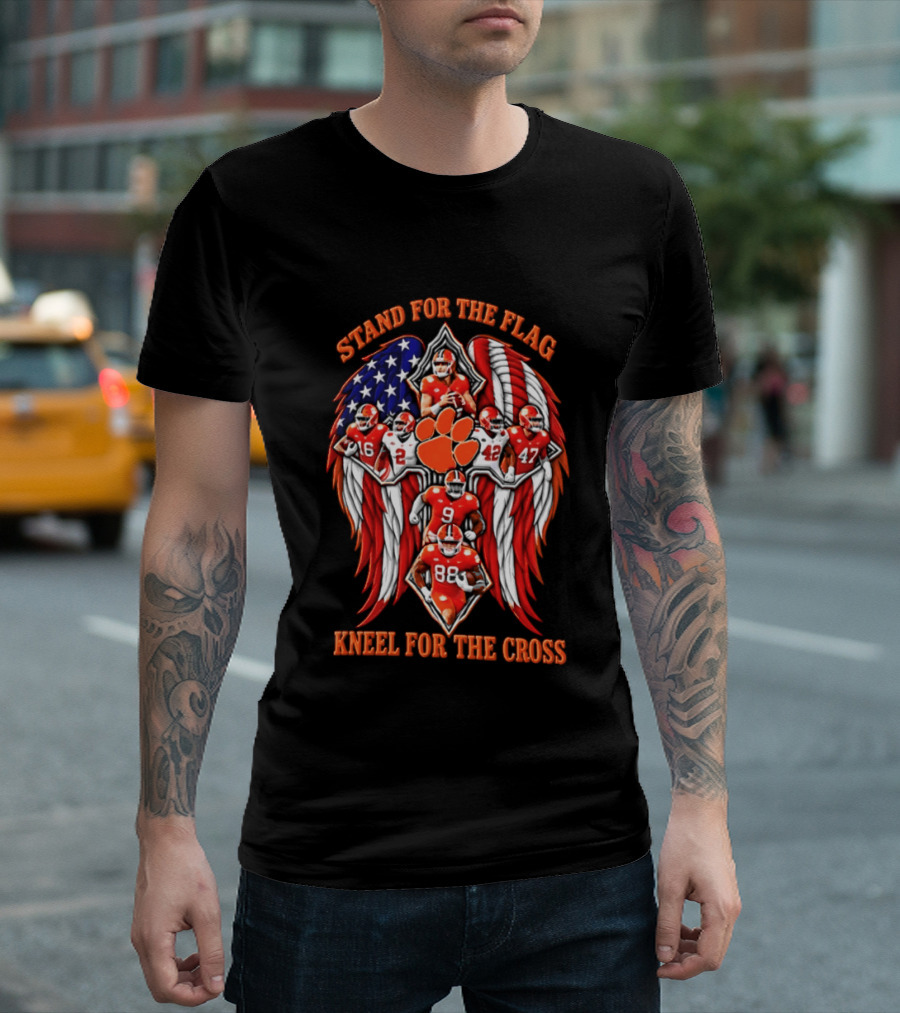 Clemson Tigers Stand For The Flag Kneel For The Cross 2026 American Flag Football Paw T-Shirt
