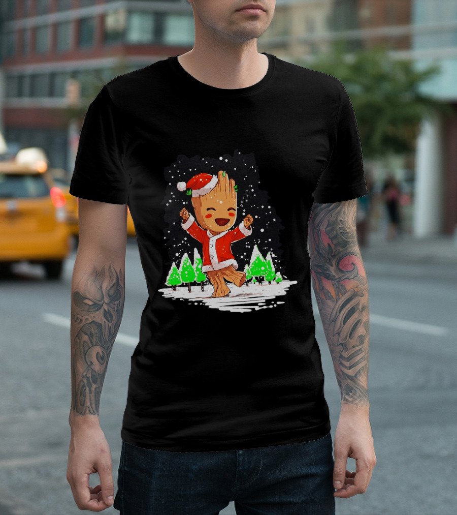 Dancing Santa Groot Christmas Trees Snow Scene T-Shirt