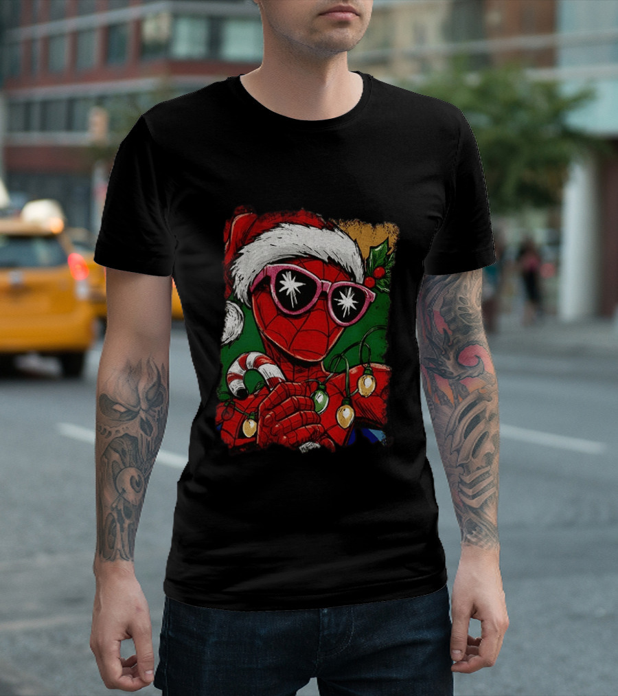 Marvel Spider Man Christmas Santa Candy Cane Festive Lights T-Shirt