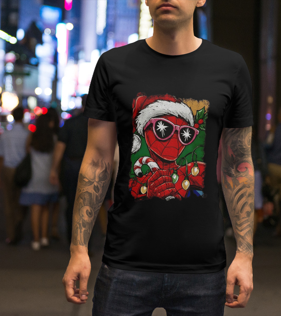 Marvel Spider Man Christmas Santa Candy Cane Festive Lights T-Shirt