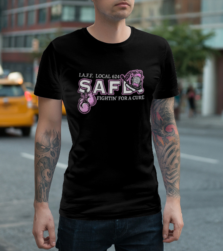 IAFF Local 624 SAFD Fightin' For A Cure Pink Boxing Gloves Firefighter Helmet T-Shirt