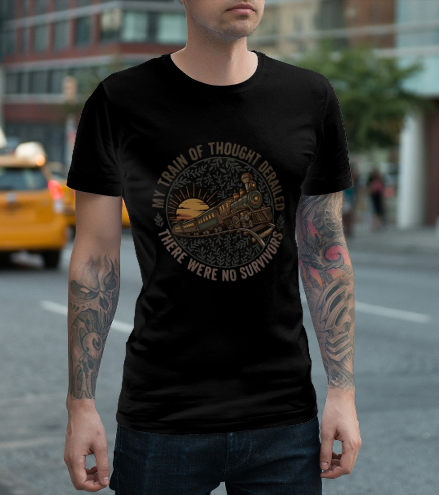 My Train Of Thought Derailed There Were No Survivors Vintage Train Sunset Scene T-Shirt