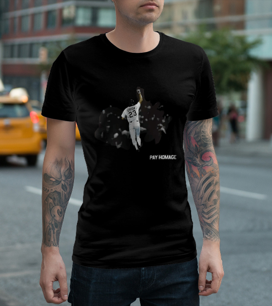 Pay Homage Gibson 23 Baseball Player Fist Pump Back View T-Shirt