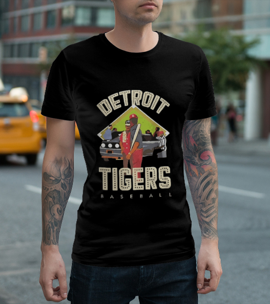 Detroit Tigers Baseball Figures Convertible Car And Bat Scene T-Shirt