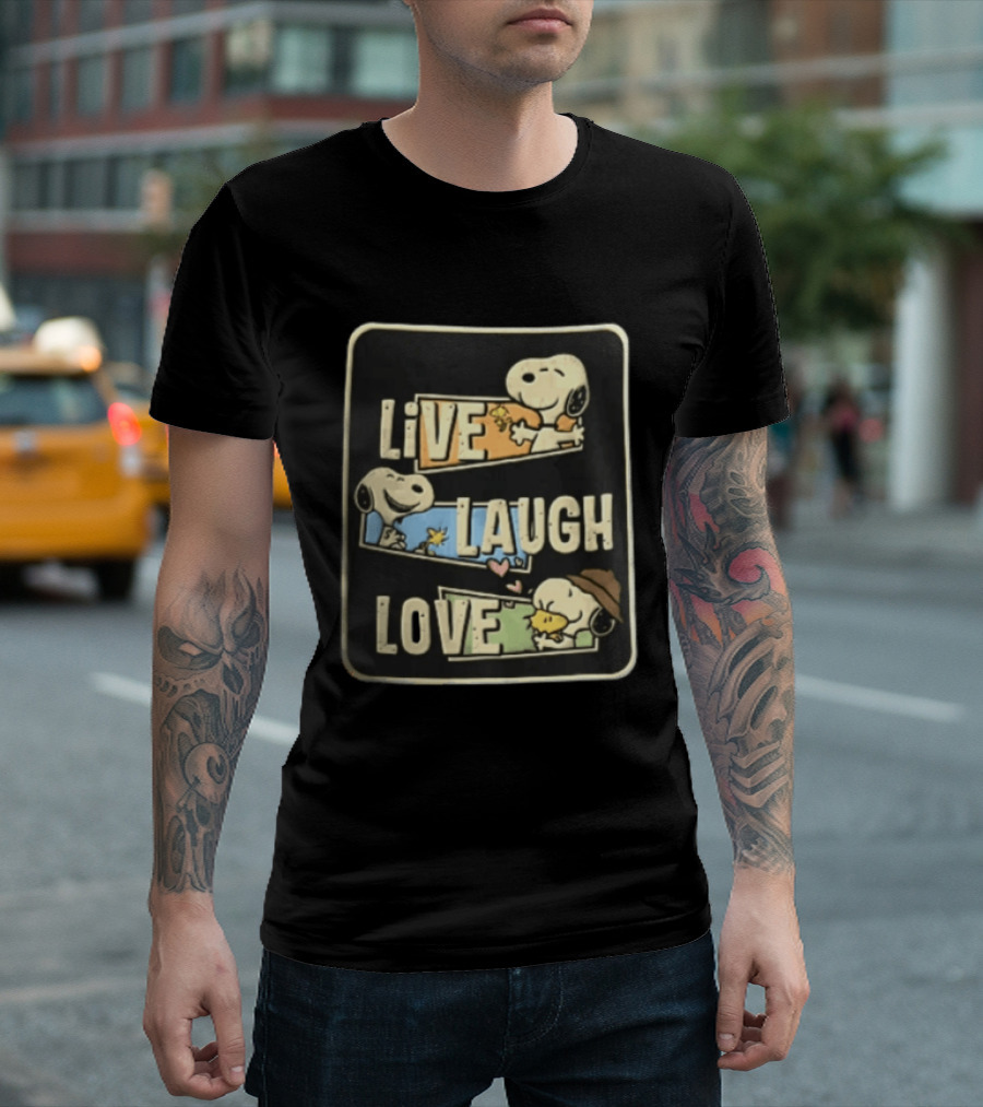 Live Laugh Love Peanuts Snoopy Woodstock Hugging Panels T-Shirt