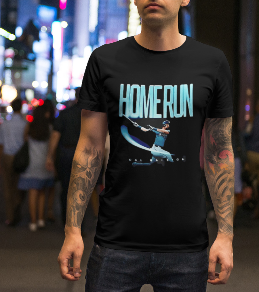 Seattle Mariners Cal Raleigh Home Run Batter Swinging Light Trail T-Shirt