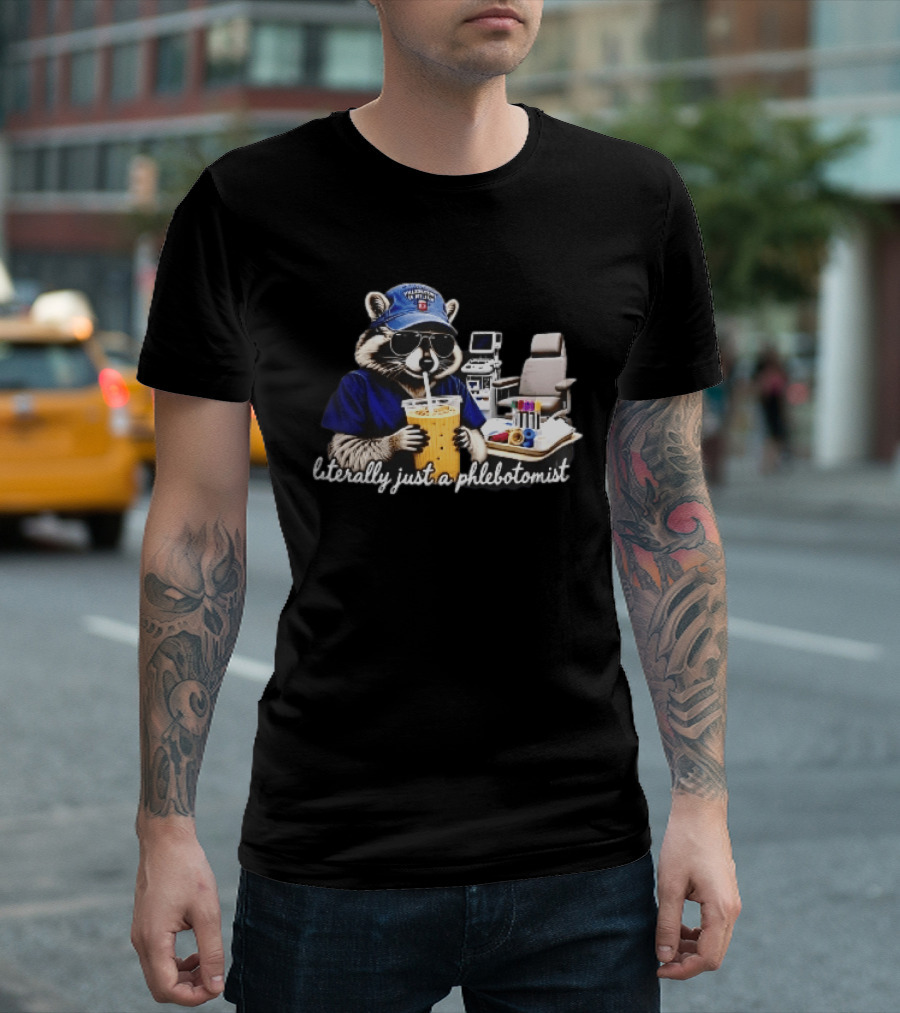 Raccoon Phlebotomist In Scrubs Sipping Drink With Blood Collection Tubes T-Shirt