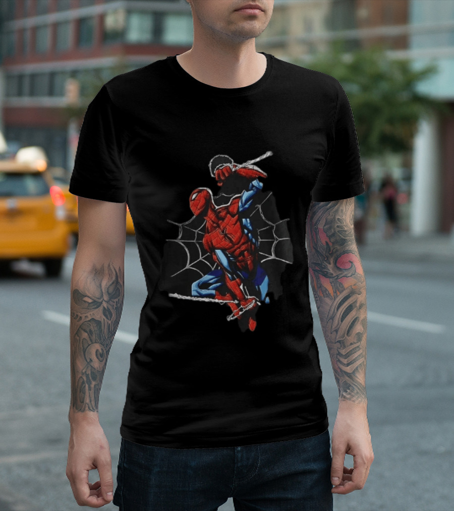 Spider Man Web Swinging Pose Comic Book Line Art Classic Marvel Superhero T-Shirt