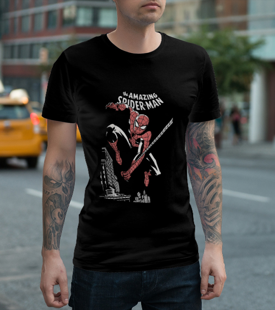 The Amazing Spider Man Swinging Above City Skyline T-Shirt