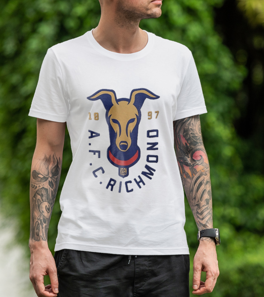 AFC Richmond 1897 Blue And Gold Greyhound Dog Head With Red Collar T-Shirt