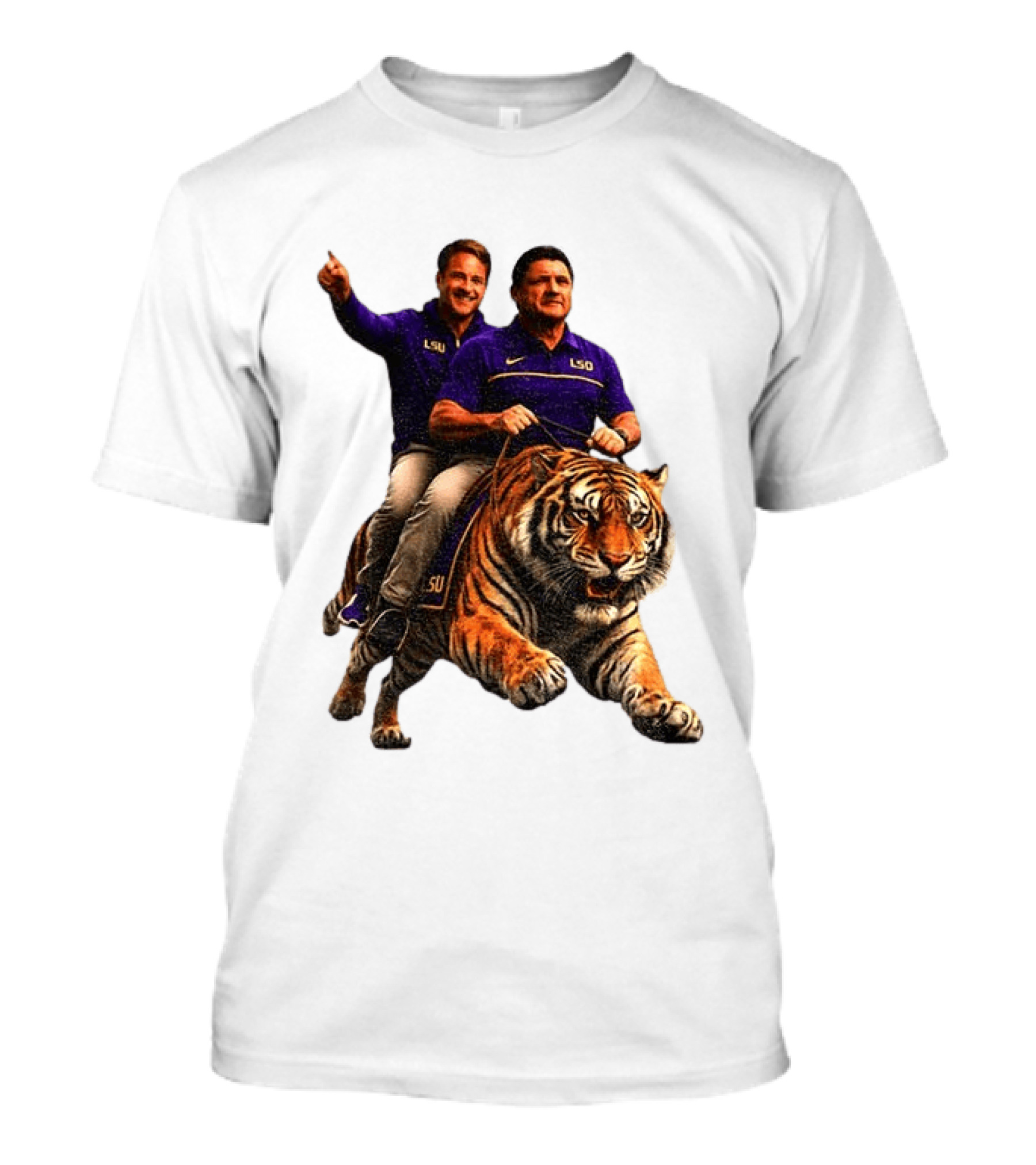 Bayou Brothers Tiger Riding LSU Coach Ed Orgeron Vs Kim Mulkey T-Shirt