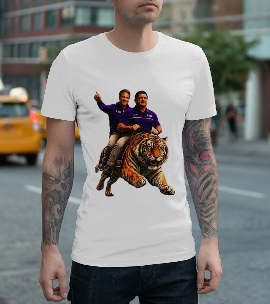 Bayou Brothers Tiger Riding LSU Coach Ed Orgeron Vs Kim Mulkey T-Shirt