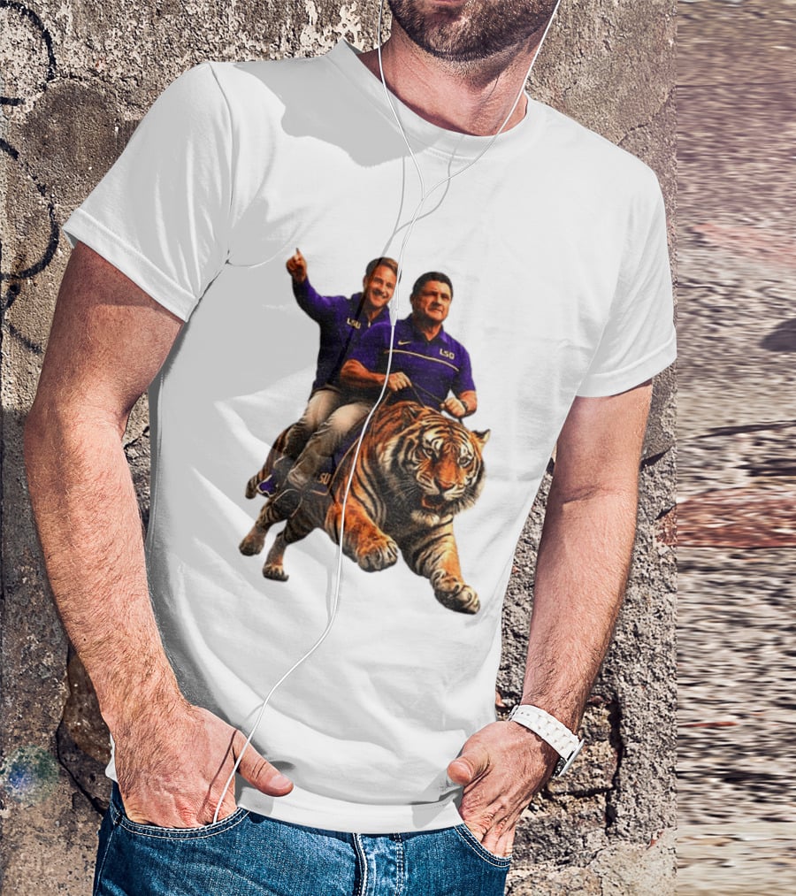 Bayou Brothers Tiger Riding LSU Coach Ed Orgeron Vs Kim Mulkey T-Shirt
