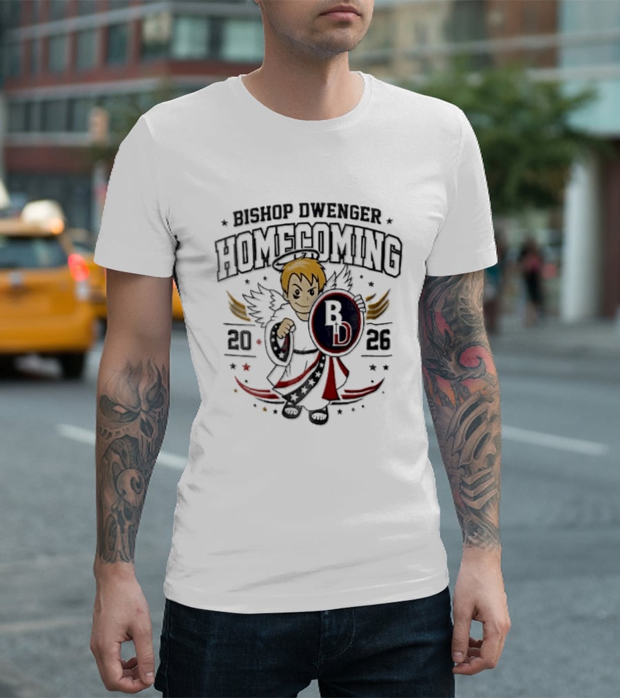 Bishop Dwenger Homecoming 2026 Cartoon Angel Holding Shield Stars 2023 T-Shirt