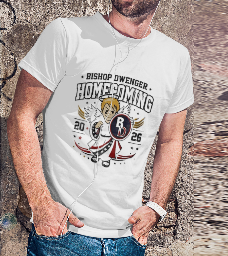 Bishop Dwenger Homecoming 2026 Cartoon Angel Holding Shield Stars 2023 T-Shirt