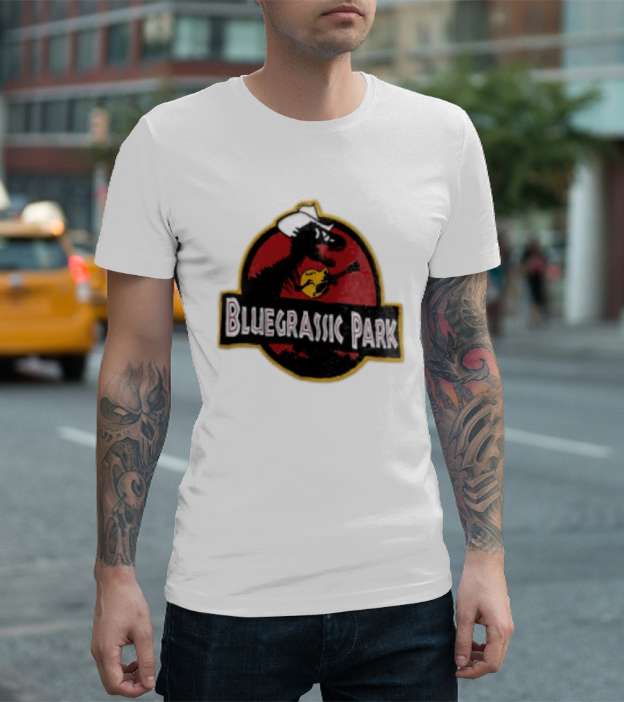 Bluegrassic Park Dinosaur Playing Mandolin Cowboy Hat Jurassic T-Shirt