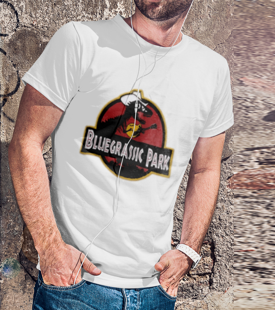 Bluegrassic Park Dinosaur Playing Mandolin Cowboy Hat Jurassic T-Shirt