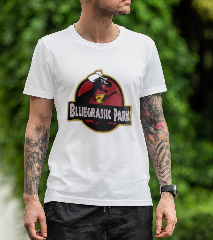 Bluegrassic Park Dinosaur Playing Mandolin Cowboy Hat Jurassic T-Shirt