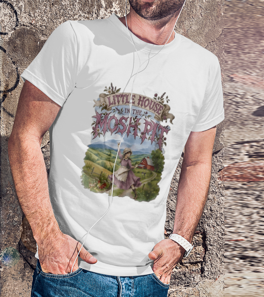 Little House In The Mosh Pit Pioneer Girl Screaming Pitchfork Red Barn Farm Country Scene T-Shirt