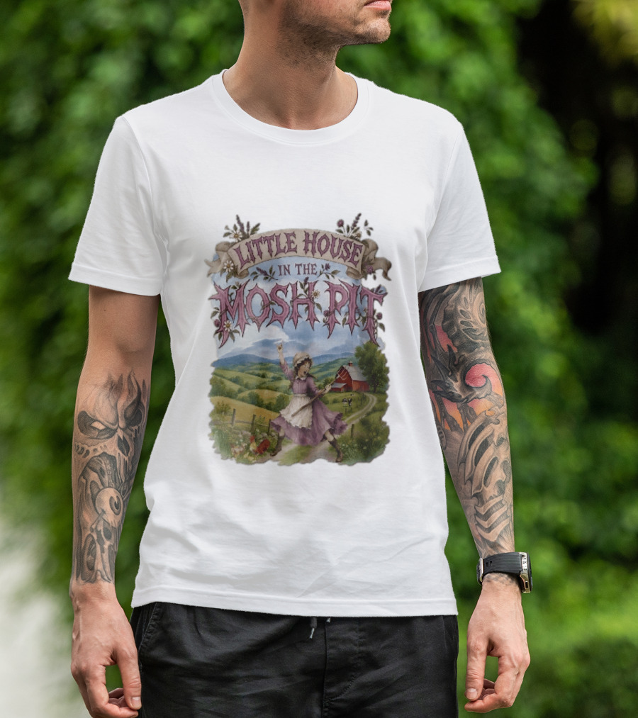 Little House In The Mosh Pit Pioneer Girl Screaming Pitchfork Red Barn Farm Country Scene T-Shirt