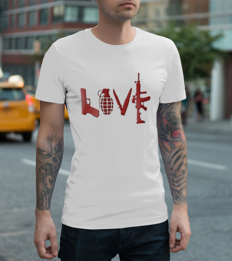 Love Red Pistol Grenade Knife Assault Rifle Weapons T-Shirt