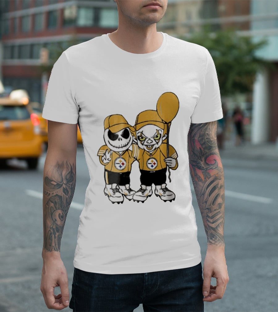 Pittsburgh Steelers Jack Skellington Pennywise Yellow Balloon NFL Cartoon Duo T-Shirt