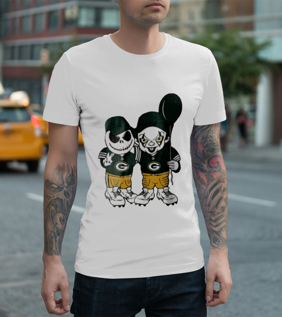 Green Bay Packers Jack Skellington Clown Balloon Cartoon Caricature Duo T-Shirt