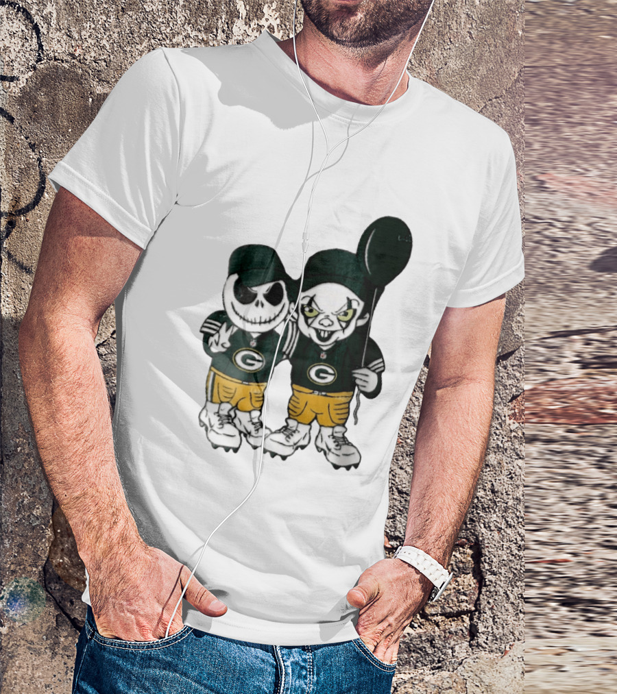 Green Bay Packers Jack Skellington Clown Balloon Cartoon Caricature Duo T-Shirt