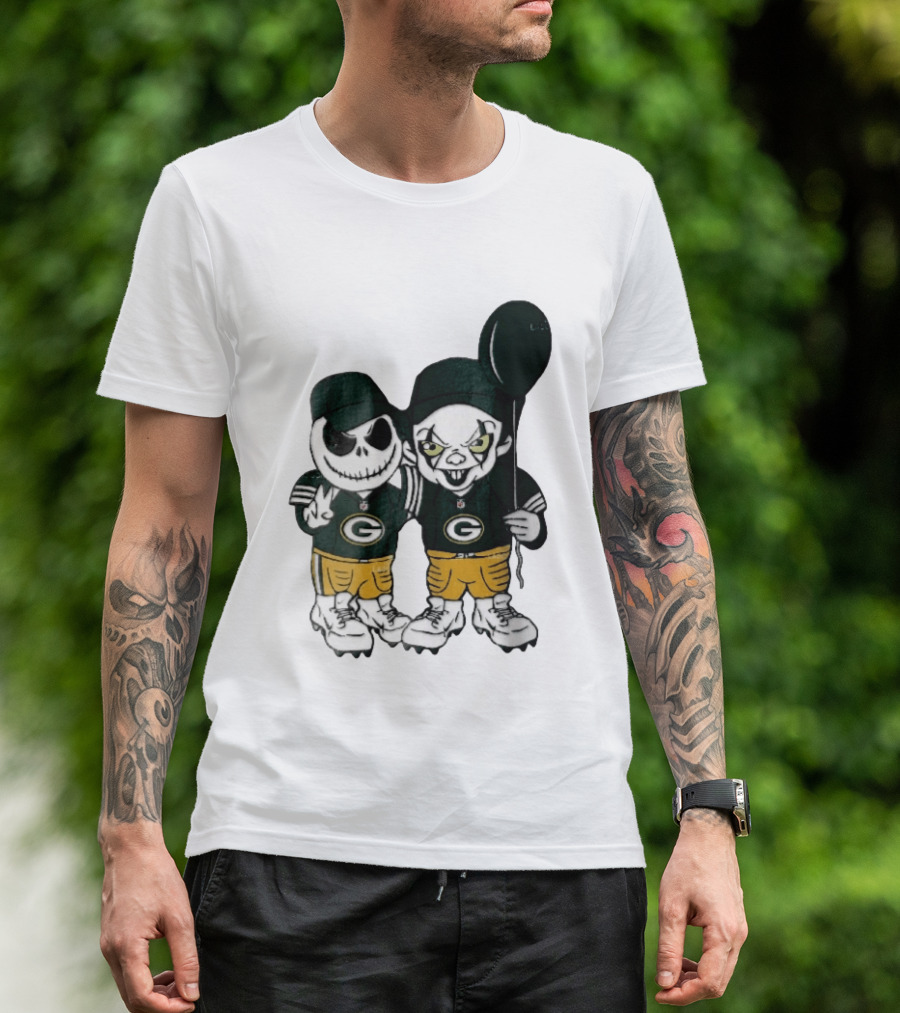 Green Bay Packers Jack Skellington Clown Balloon Cartoon Caricature Duo T-Shirt