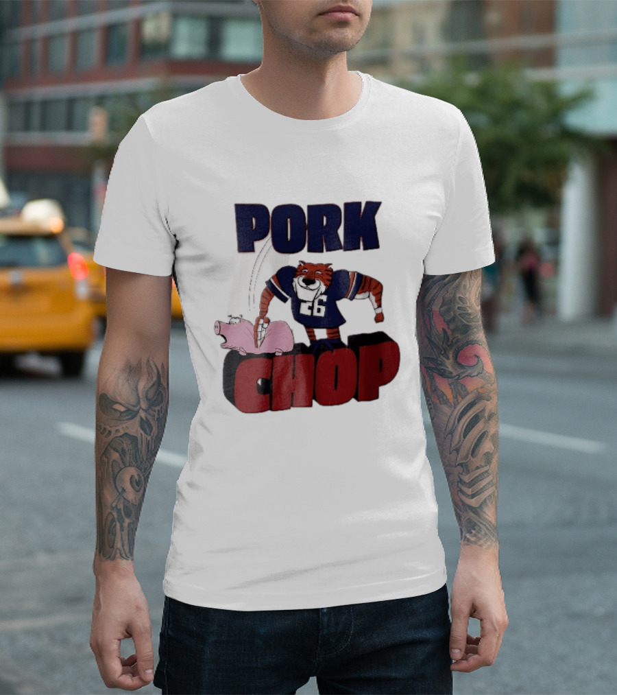 Pork Chop Cartoon Tiger 26 Football Player Hitting Pig T-Shirt