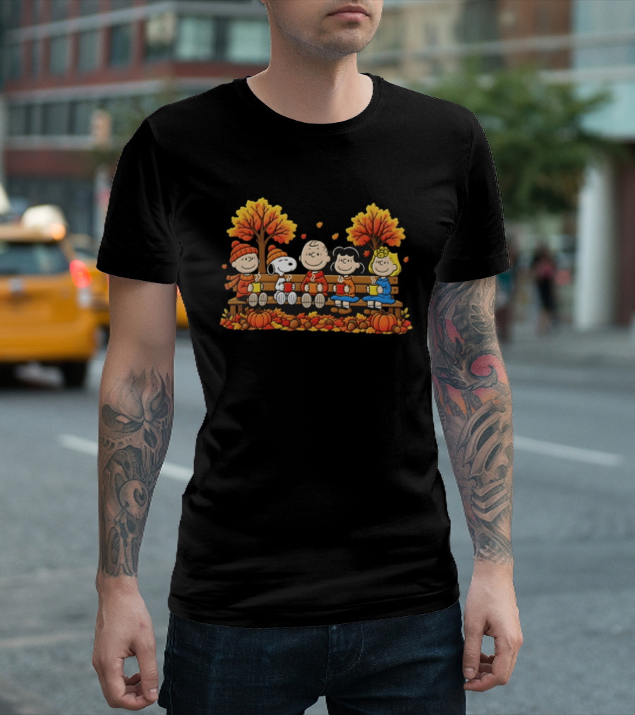 Peanuts Autumn Harvest Scene On Bench With Pumpkins And Falling Leaves T-Shirt