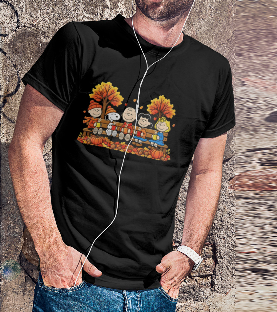 Peanuts Autumn Harvest Scene On Bench With Pumpkins And Falling Leaves T-Shirt