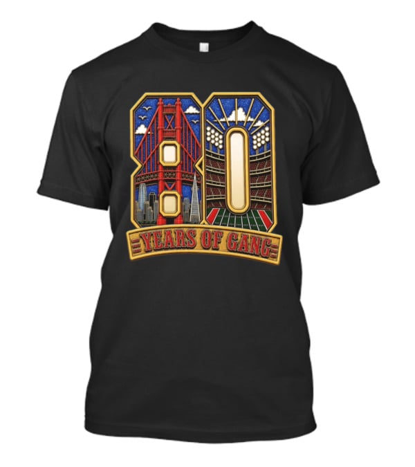 San Francisco 49ers 80 Years Of Gang Bridge And Stadium Celebration T-Shirt