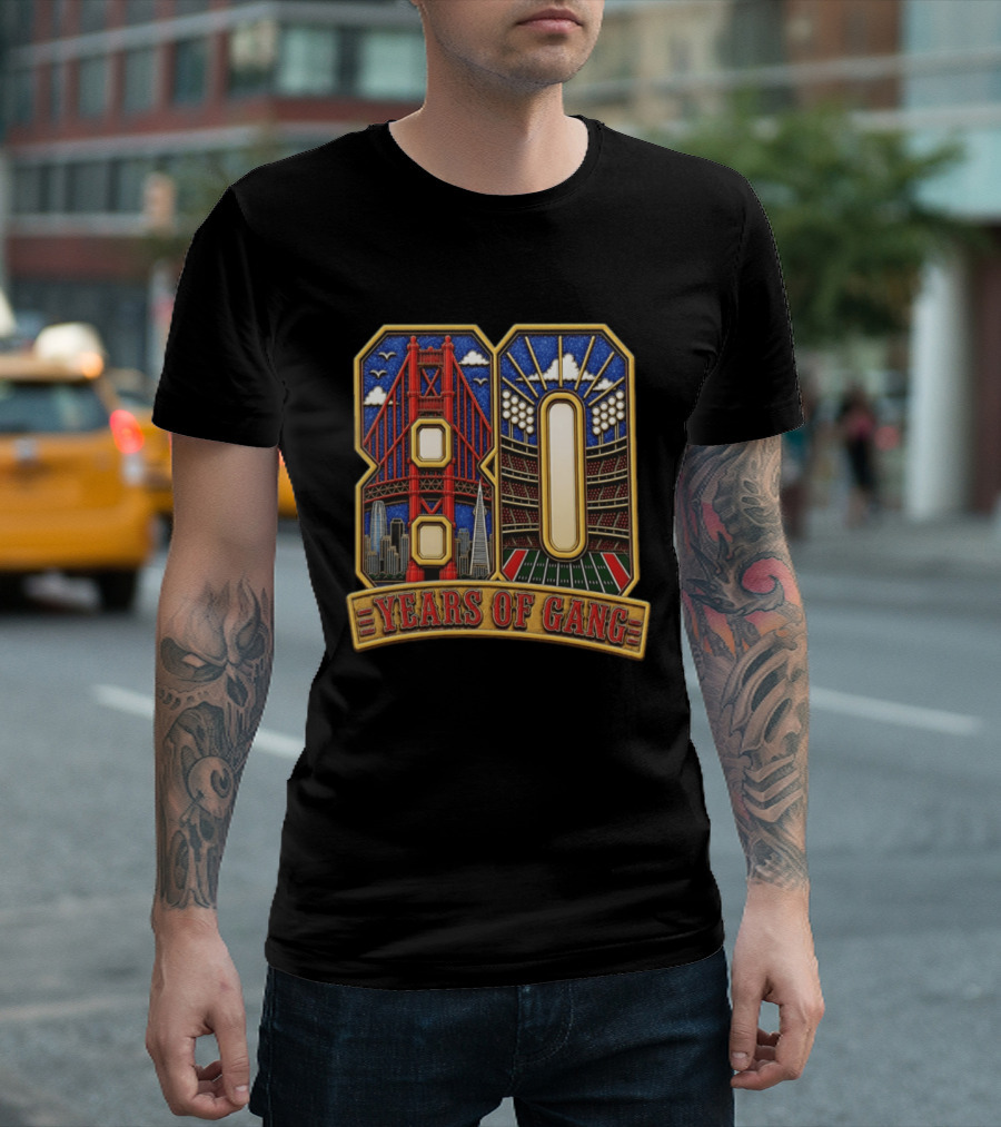 San Francisco 49ers 80 Years Of Gang Bridge And Stadium Celebration T-Shirt