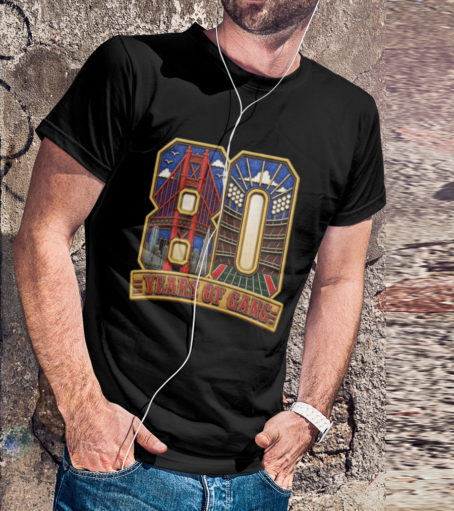 San Francisco 49ers 80 Years Of Gang Bridge And Stadium Celebration T-Shirt