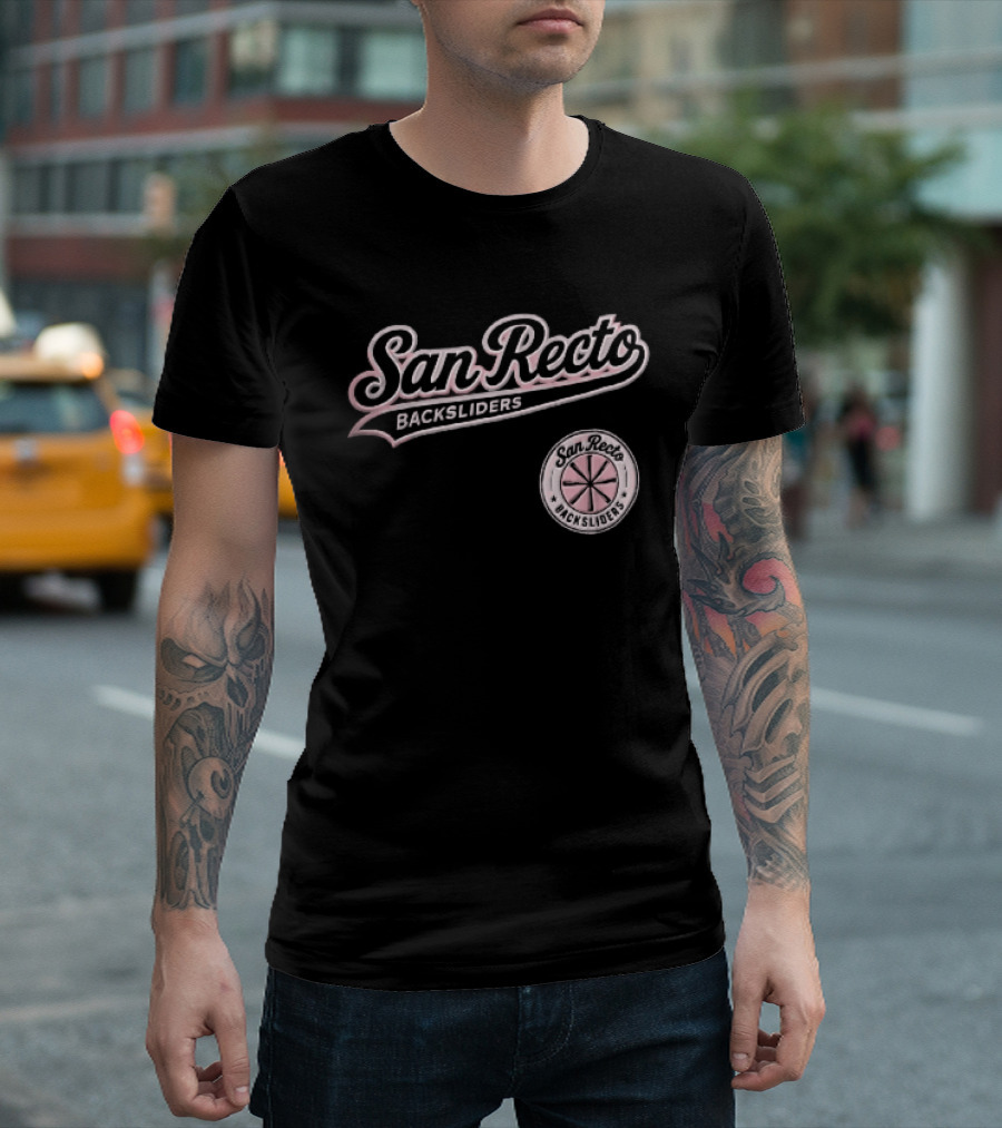 San Recto Backsliders Pink Script Circular Baseball Bat T-Shirt