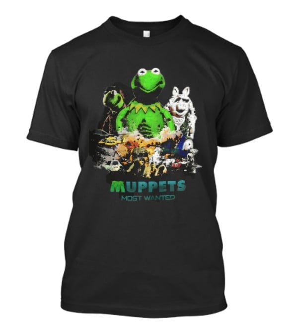 Muppets Most Wanted Kermit Frog Miss Piggy Explosion Helicopter Collage T-Shirt