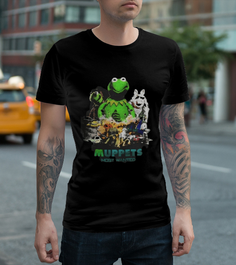 Muppets Most Wanted Kermit Frog Miss Piggy Explosion Helicopter Collage T-Shirt