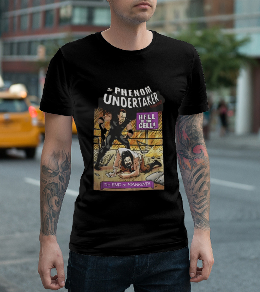 The Phenom Undertaker Hell In The Cell End Of Mankind Cartoon Wrestler Standing Over Opponent T-Shirt