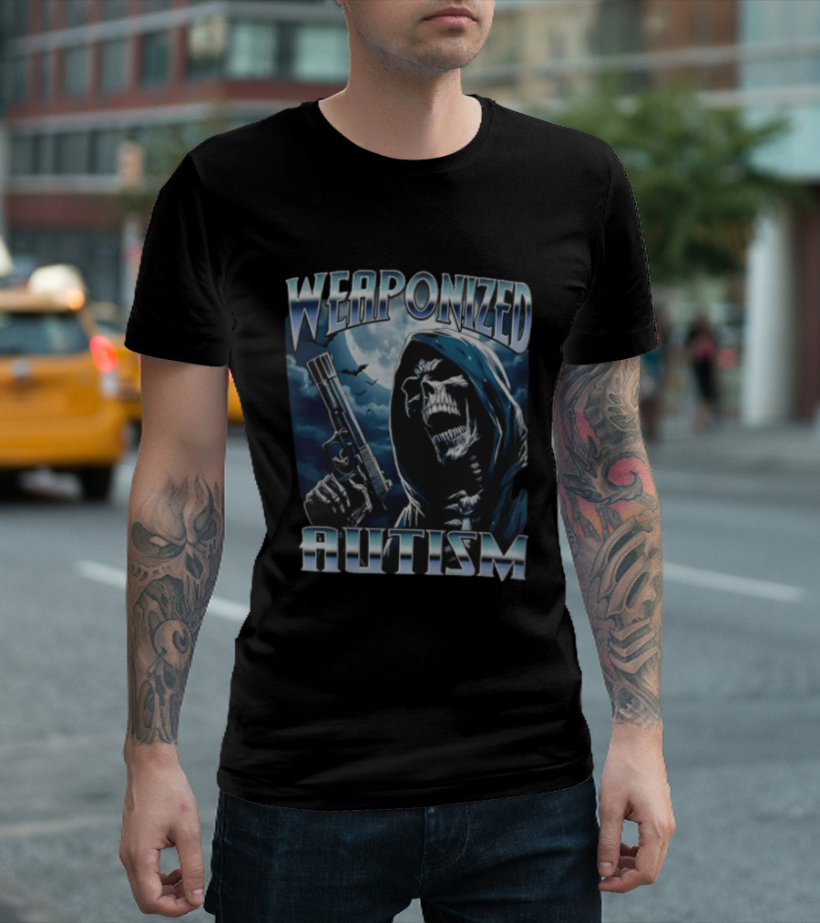 Weaponized Autism Skeleton With Gun Under Moonlight T-Shirt